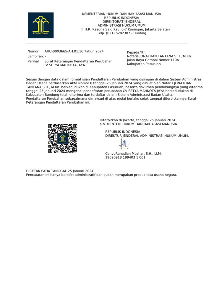 Legalitas Matrix LED untuk CV. Setya Mahkota Jaya