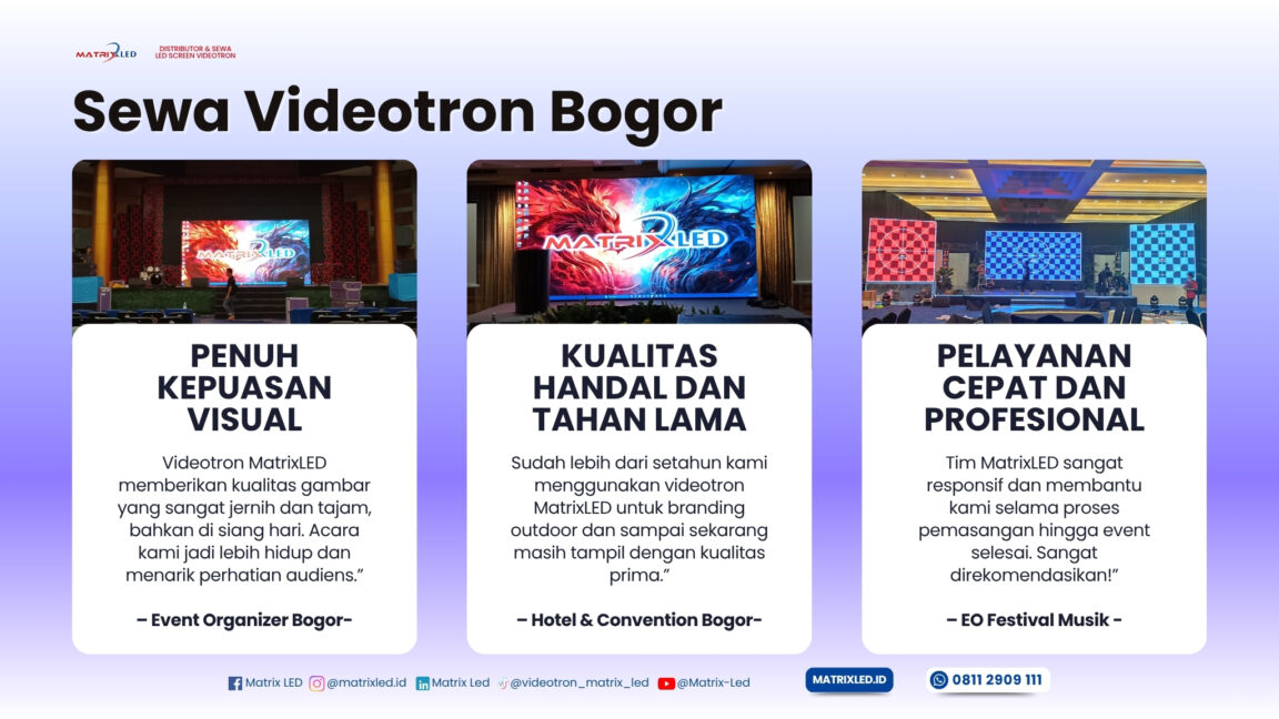 Sewa Videotron Bogor MatrixLED dengan kualitas visual tajam, tahan lama, dan pelayanan profesional.